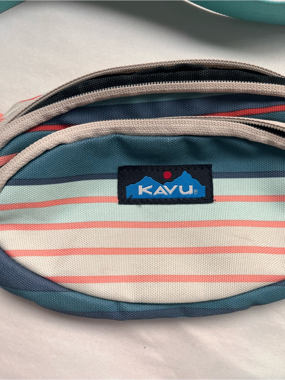 KAVU Striped Fanny Pack Belt Bag in Teal and Coral - Picture 2 of 9